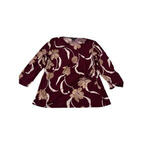 Liz Claiborne Career Drawstring Blouse Floral 3/4 Sleeve Top Size L Petite